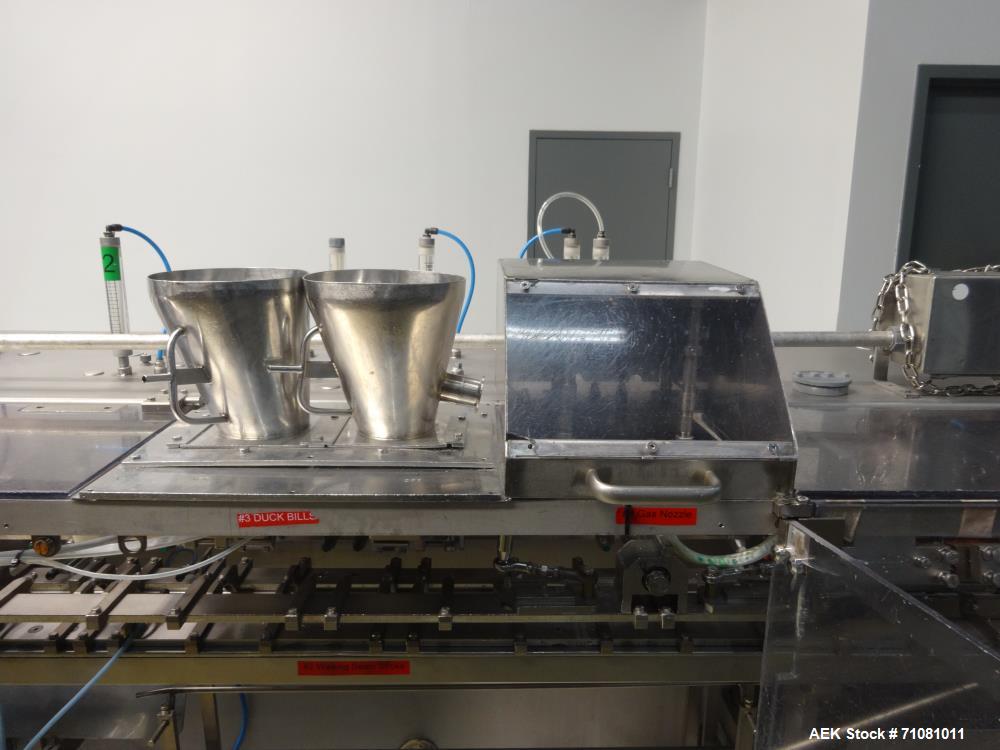 Used Bossar Model B3700D Horizontal Pouch Form  for Dual Head Filler,  Allen-Bradley controls, produces horizontal pouches from 5" x 5"  up to 7.25 x 15"  (2000 cc volume) at speeds of up to 110 pack...