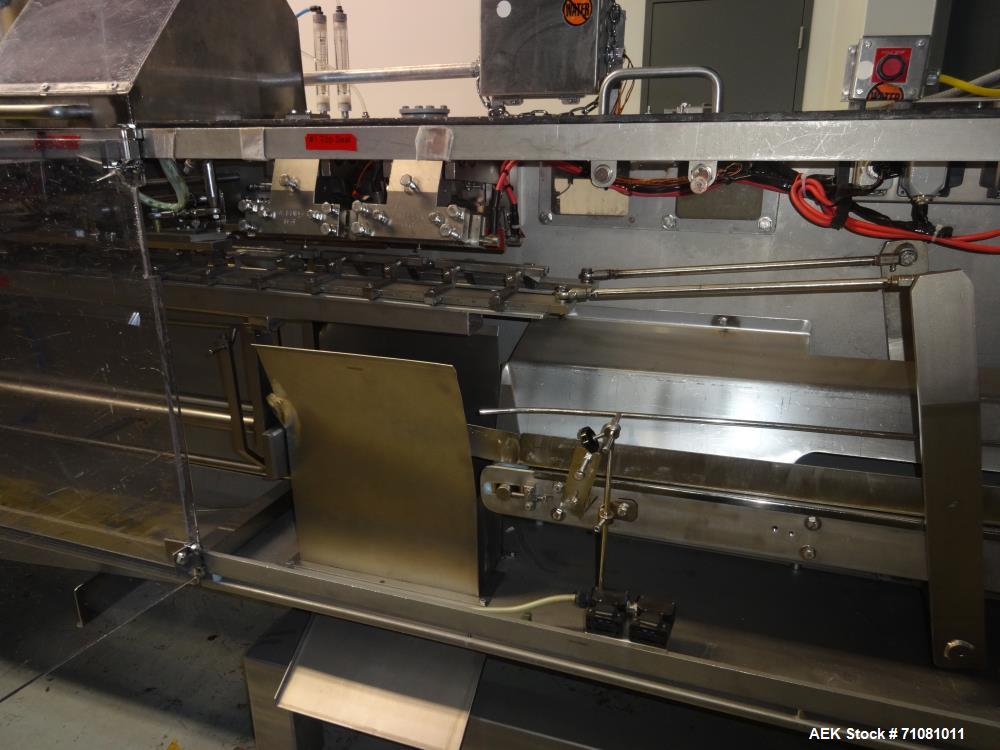Used Bossar Model B3700D Horizontal Pouch Form  for Dual Head Filler,  Allen-Bradley controls, produces horizontal pouches from 5" x 5"  up to 7.25 x 15"  (2000 cc volume) at speeds of up to 110 pack...