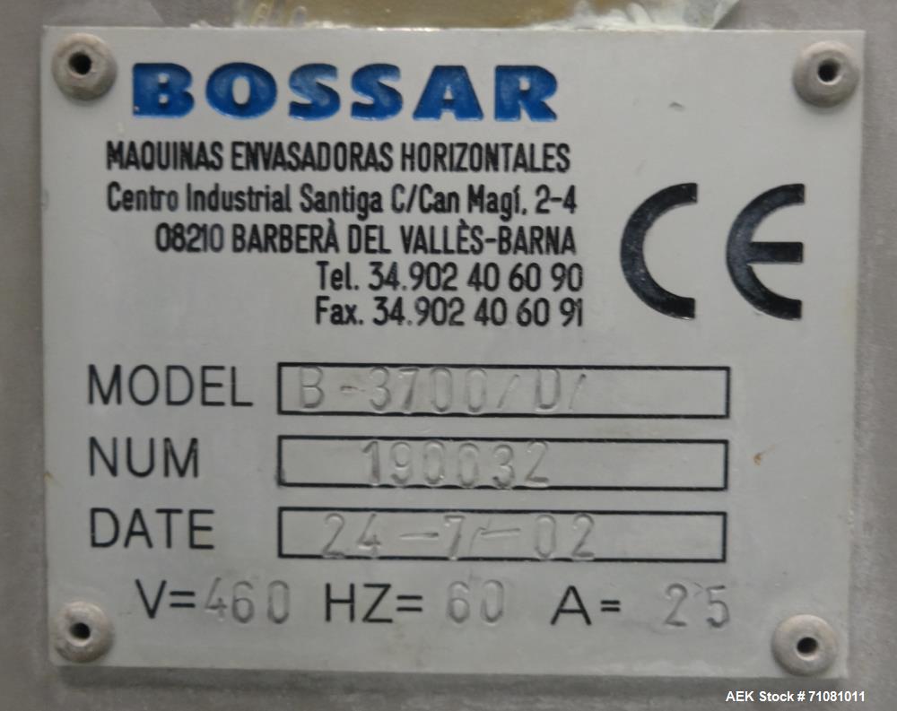 Used Bossar Model B3700D Horizontal Pouch Form  for Dual Head Filler,  Allen-Bradley controls, produces horizontal pouches from 5" x 5"  up to 7.25 x 15"  (2000 cc volume) at speeds of up to 110 pack...