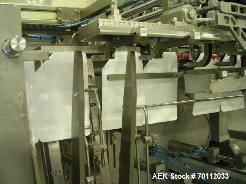 Used Bossar Horizontal Pouch Packing Machine, Model BL 3000. Duplex machine with full stainless steel body suitable for high pressure external washdown. 55 strokes per minute, can handle bag widths o...