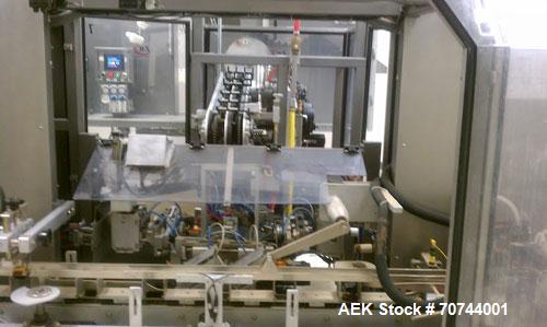 Used Cloud 2-1/2" Pitch ServOriginal High Speed Pouch Machine. 2500 Pouches per minute, set up on 2 1/2" centers and includes a Z-Automation model CH9-041 cartoner. Accommodates 24" rolls x 14"wide o...