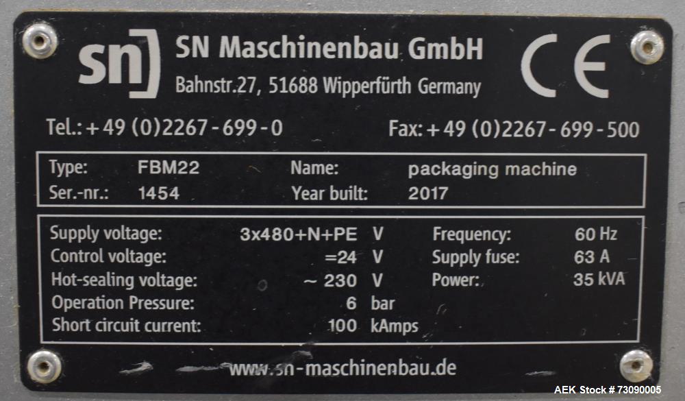 Used SN Machinery (Laudenberg) Model FBM22 Duplex Horizontal Form, Fill and Seal Pouch Machine with Zipper Attachment. Pouching Machine, capable of making stand-up pouches at speeds up to 200 pouches...