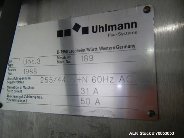 Used One (1) used Uhlmann thermoforming blister packaging machine, model UPS3, with Aylward feeder, Neslab chiller, full controls, reject station, serial# 189, built 1988.