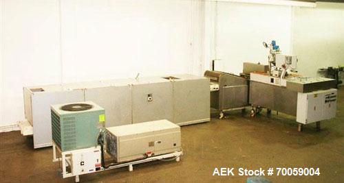 Used Bosch Servac Model 300S High Speed Form Fill Seal Suppository Machine, 300 ppm. Unit takes two rolls of foil film and forms, then fills, the pocket into a bullet shape suppository and cuts it in...