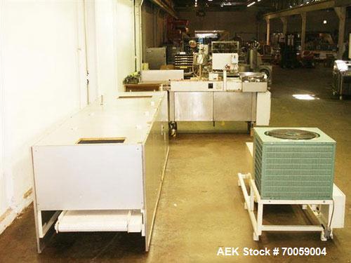 Used Bosch Servac Model 300S High Speed Form Fill Seal Suppository Machine, 300 ppm. Unit takes two rolls of foil film and forms, then fills, the pocket into a bullet shape suppository and cuts it in...