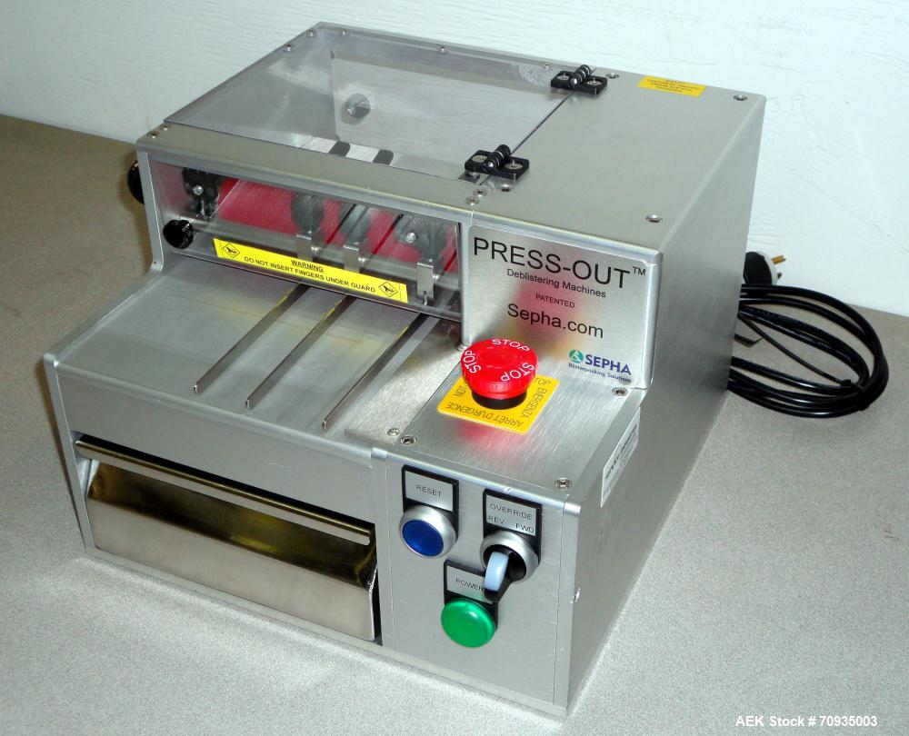 Used Sepha Model T406-001 Press Out Semi-Automatic Deblistering Machine. Can deblister reject packs at a rate of up to 40 blisters per minute. Maximum pack size 170mm Wide X unlimited length. Stainle...