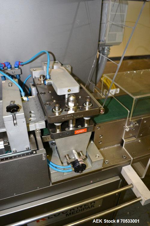 Used Klockner Medipak Model CP-2 EEL Blisterpack Machine. Capable of speeds from 20 to 60 cycles per minute. Max base film width: 150mm. Max film advance (draw off length): 150mm. Max froming depth: ...