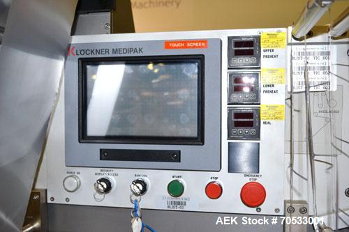 Used Klockner Medipak Model CP-2 EEL Blisterpack Machine. Capable of speeds from 20 to 60 cycles per minute. Max base film width: 150mm. Max film advance (draw off length): 150mm. Max froming depth: ...