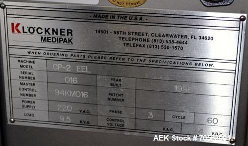 Used Klockner Medipak Model CP-2 EEL Blisterpack Machine. Capable of speeds from 20 to 60 cycles per minute. Max base film width: 150mm. Max film advance (draw off length): 150mm. Max froming depth: ...