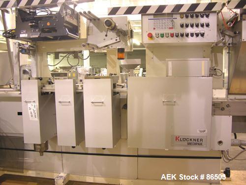 Used Klockner Thermoforming Blister Machine Model CP8. Designed to handle 12-25 mm draw depths, 175 mm max width, 112 mm max advance, 167 mm x 110 mm effective surface at up to 60 cycles/minute at up...