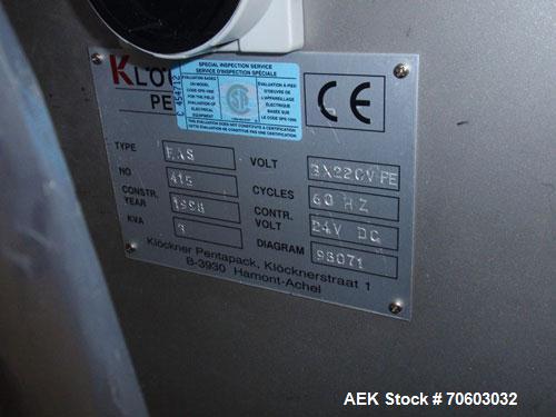 Used Klockner Thermoforming Blister Machine, Model PENTAPACK MEDIPACK, Type EAS. Curretly set for 10X1 card format, with foil dispenser, Julabo process chiller, 220 volt, new 1998.