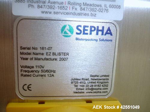 Used Sepha Blister Pack Machine, Model EZ Blister. 190mm x 130mm format area, up to 14mm draw depth, 165mm foil width, 110 volt on portable cart, serial #161-07, new 2007. AS IS WHERE IS, LOADING & R...