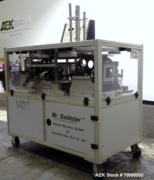 Used Gemel Mr. Deblister Product Recovery System capable of speeds up to 4800 cards per hour. Has a card size range (with proper tooling): 30mm to 120mm x 50mm to 145mm. Requires minimal floor space ...