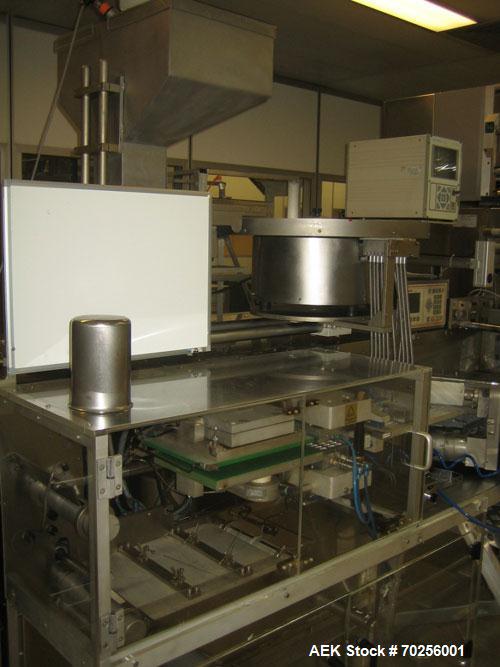 Used PamPac BP602 Blister Packaging Machine, stainless steel, 45 cycles per minute, format 6.38" x 0.4" x 0.12" (162 x 10 x 3 mm), with precutting, cutting sizes 2.95" x 2.52" (75 x 64 mm) and 2.52" ...