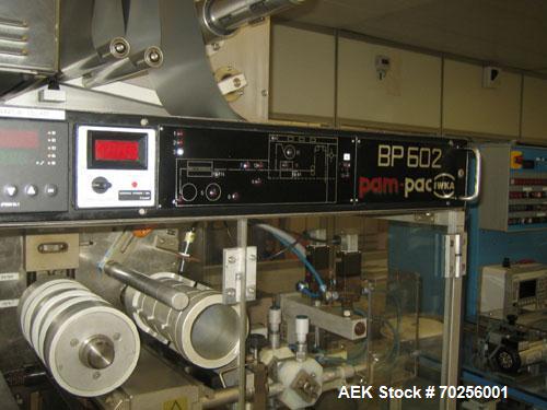 Used PamPac BP602 Blister Packaging Machine, stainless steel, 45 cycles per minute, format 6.38" x 0.4" x 0.12" (162 x 10 x 3 mm), with precutting, cutting sizes 2.95" x 2.52" (75 x 64 mm) and 2.52" ...