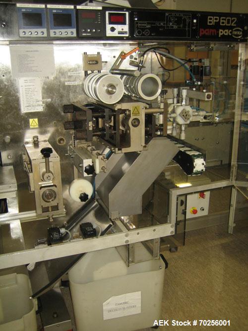 Used PamPac BP602 Blister Packaging Machine, stainless steel, 45 cycles per minute, format 6.38" x 0.4" x 0.12" (162 x 10 x 3 mm), with precutting, cutting sizes 2.95" x 2.52" (75 x 64 mm) and 2.52" ...