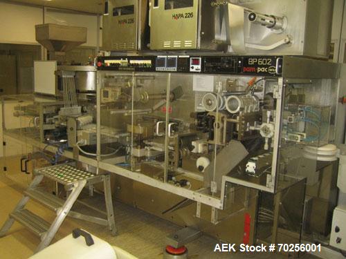 Used PamPac BP602 Blister Packaging Machine, stainless steel, 45 cycles per minute, format 6.38" x 0.4" x 0.12" (162 x 10 x 3 mm), with precutting, cutting sizes 2.95" x 2.52" (75 x 64 mm) and 2.52" ...