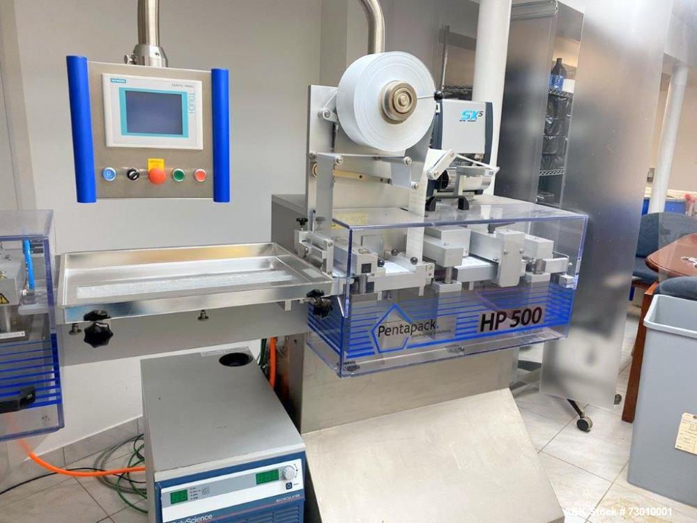 Used Pentapack Hospital Blister Line / Unit Dose Packaging Machine, Model HP500. 10-50 cycles/minute capability. 86mm max forming width; 25mm transport length; 100mm max foil width; 14mm max forming ...