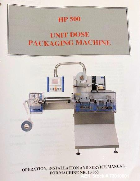 Used Pentapack Hospital Blister Line / Unit Dose Packaging Machine, Model HP500. 10-50 cycles/minute capability. 86mm max forming width; 25mm transport length; 100mm max foil width; 14mm max forming ...