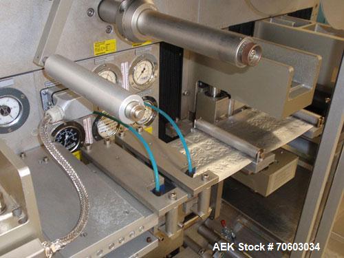 Used Uhlmann Thermoforming Blister Packaging Machine, Model UPS300. Currently running a 150mm x 120mm card, with Hapamatic foil printer, Neslab process chiller, 480 volt, serial# 552.