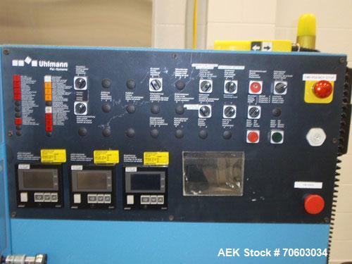 Used Uhlmann Thermoforming Blister Packaging Machine, Model UPS300. Currently running a 150mm x 120mm card, with Hapamatic foil printer, Neslab process chiller, 480 volt, serial# 552.