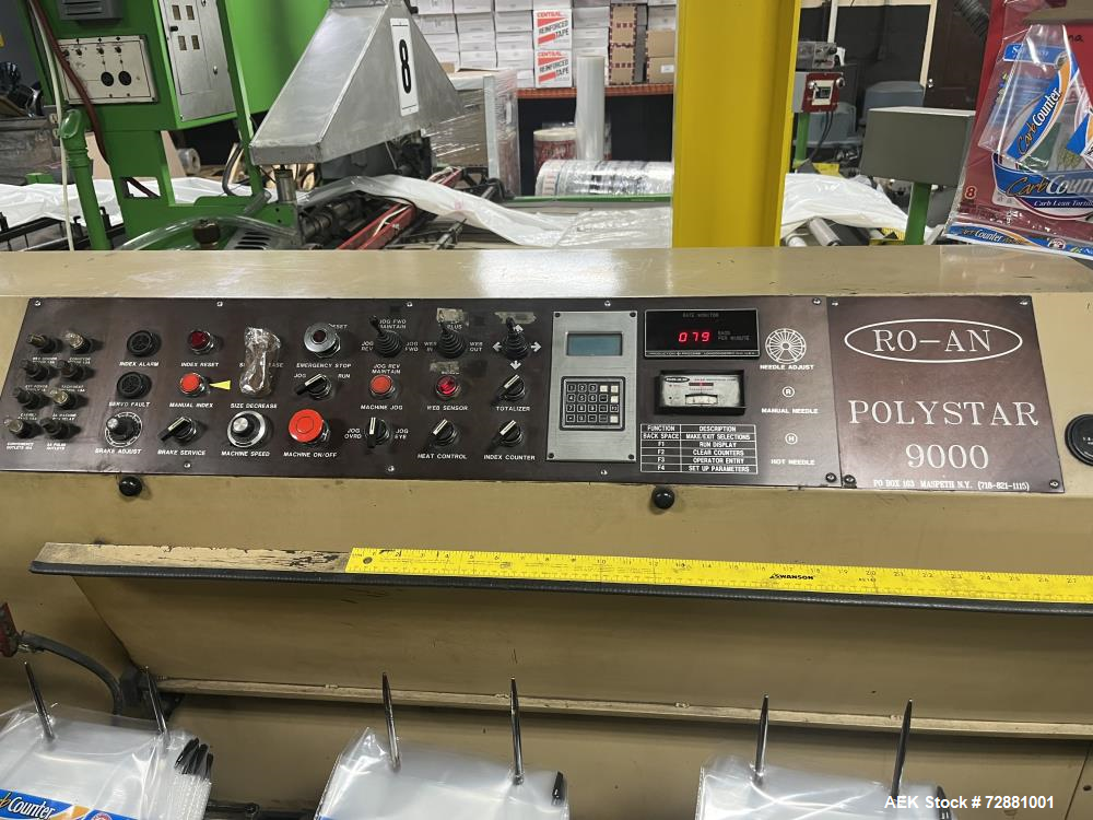 Used Ro-An Polystar 9000 Wicketer Bag Machine; Servo Powered; Sideweld Flat Bags; Draw lengths of: 6", 9", 12"; Material thickness: 3 mil; 50/60 H2 3 Phase with plant ground 45 AMP Service; 10 HP Tur...