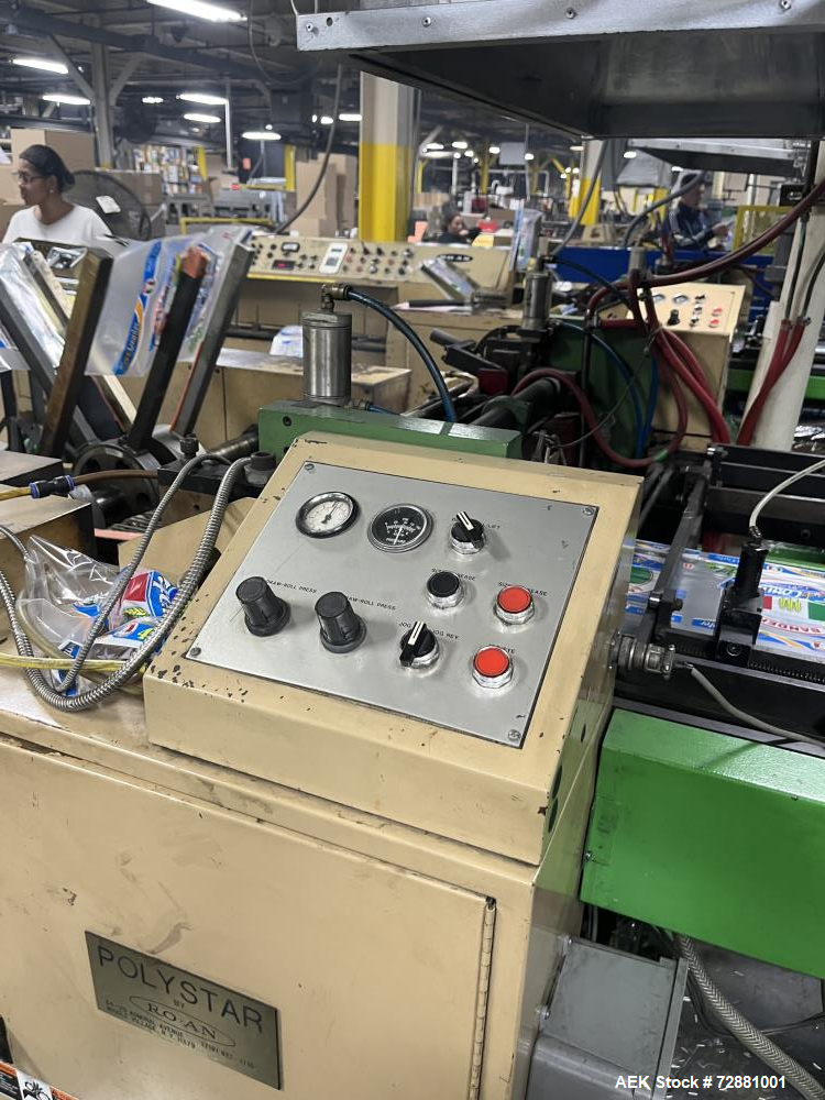 Used Ro-An Polystar 9000 Wicketer Bag Machine; Servo Powered; Sideweld Flat Bags; Draw lengths of: 6", 9", 12"; Material thickness: 3 mil; 50/60 H2 3 Phase with plant ground 45 AMP Service; 10 HP Tur...