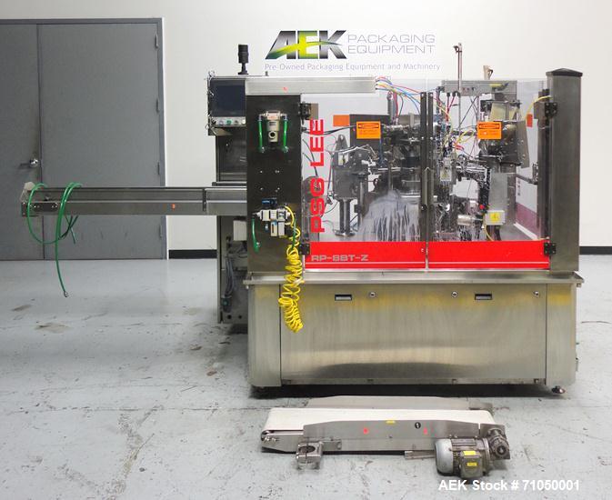 Used PSG Lee Model RP-8BT-Z Premade Pouch Filler/Sealer. Designed for pouches with gusset stand-up bottom, and with zipper seal. Pouch size range: 3.9" - 9.4" pouch width, maximum 13.8" pouch height....