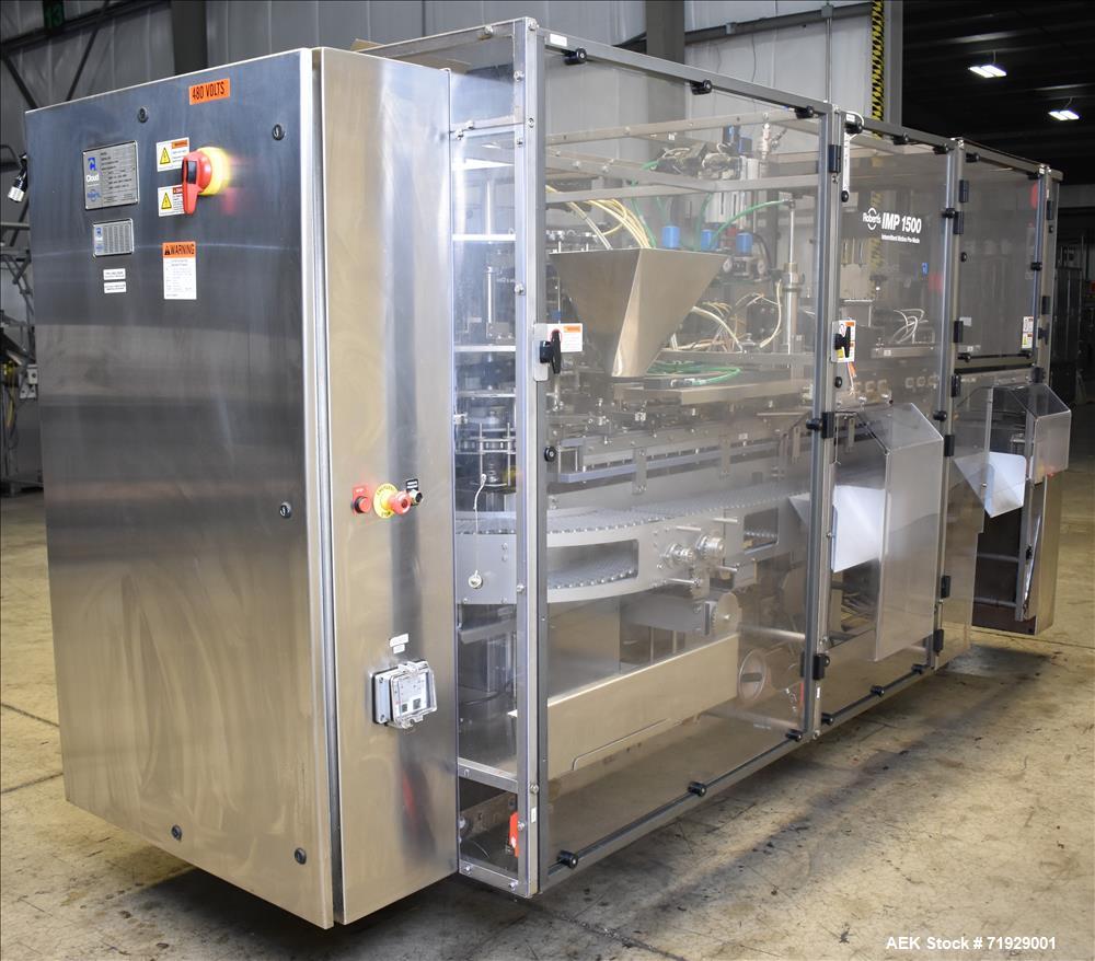 Used Roberts Model IMP-1500 Horizontal Pre Form Pouch Machine. Capable of speeds up to 50 pouches per minute (depending on application, bag size and product fill). Bag size range: 4" - 12" or 100mm -...