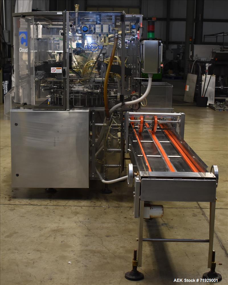 Used Roberts Model IMP-1500 Horizontal Pre Form Pouch Machine. Capable of speeds up to 50 pouches per minute (depending on application, bag size and product fill). Bag size range: 4" - 12" or 100mm -...