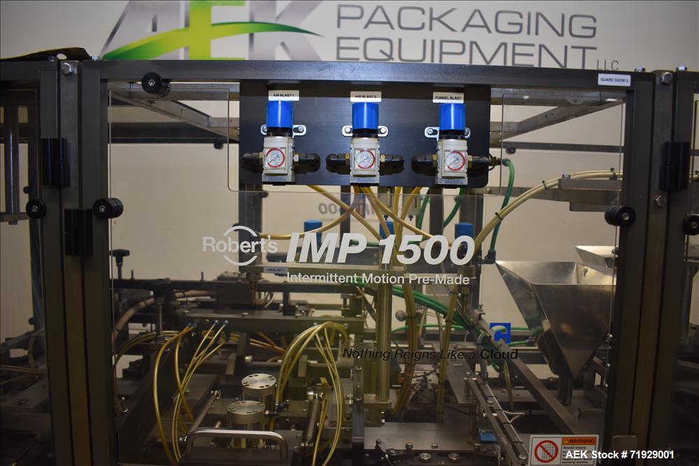 Used Roberts Model IMP-1500 Horizontal Pre Form Pouch Machine. Capable of speeds up to 50 pouches per minute (depending on application, bag size and product fill). Bag size range: 4" - 12" or 100mm -...