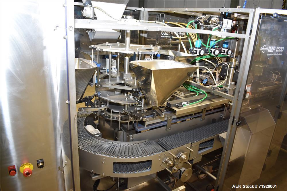 Used Roberts Model IMP-1500 Horizontal Pre Form Pouch Machine. Capable of speeds up to 50 pouches per minute (depending on application, bag size and product fill). Bag size range: 4" - 12" or 100mm -...