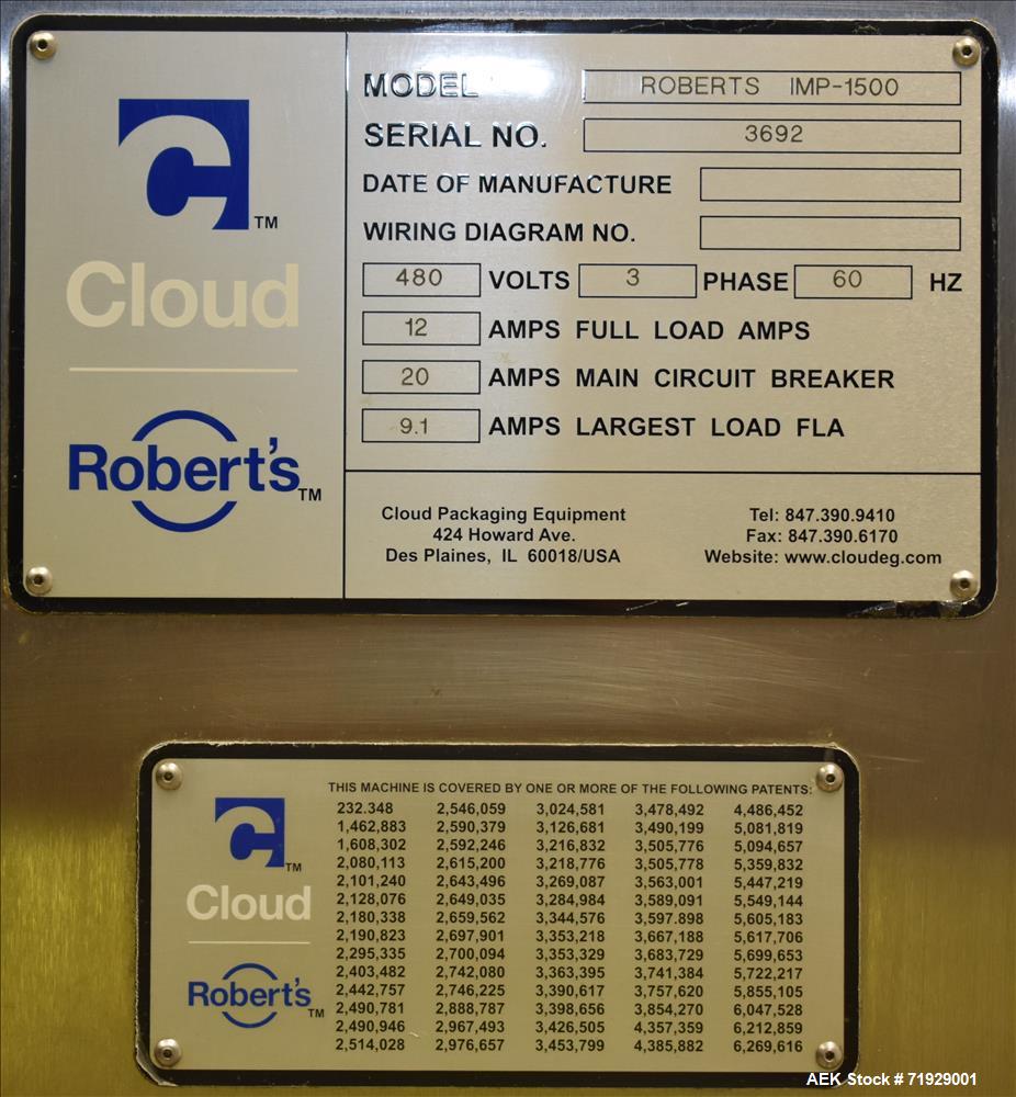 Used Roberts Model IMP-1500 Horizontal Pre Form Pouch Machine. Capable of speeds up to 50 pouches per minute (depending on application, bag size and product fill). Bag size range: 4" - 12" or 100mm -...