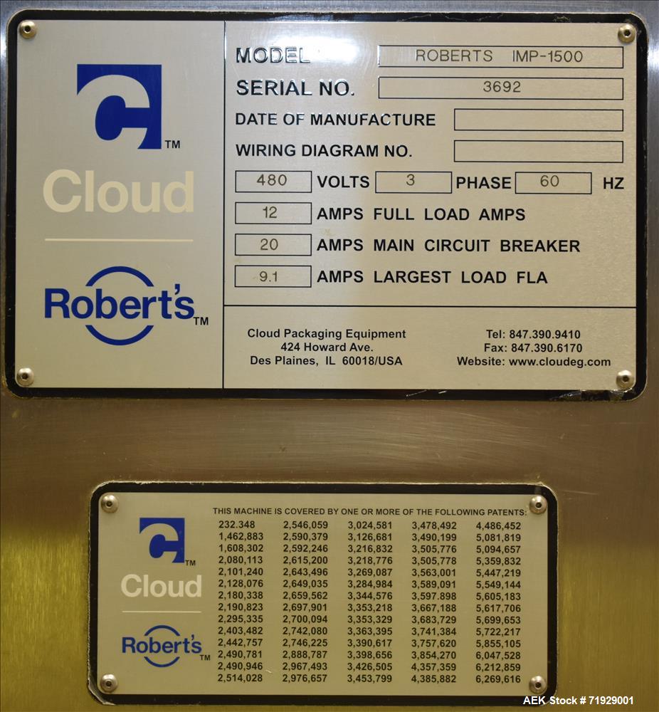 Used- Roberts Model IMP-1500 Horizontal Pre Form Pouch Machine. Capable of speeds up to 50 pouches per minute (depending on ...