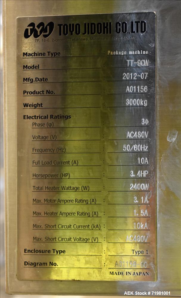 Toyo Jidoki Model TT9CW Preformed Pouch Machine.
