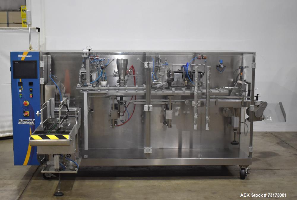 Used Weighpack Systems Swifty 3600 Horizontal Pre Made Bags/Pouch Filler and Sealer. Capable of speeds up to 45 bags per minute. Has a bag size range: 3.5" to 8" (width) x 5.5" to 20" (length). Has e...