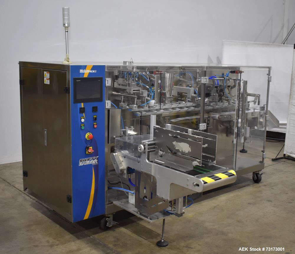 Used Weighpack Systems Swifty 3600 Horizontal Pre Made Bags/Pouch Filler and Sealer. Capable of speeds up to 45 bags per minute. Has a bag size range: 3.5" to 8" (width) x 5.5" to 20" (length). Has e...