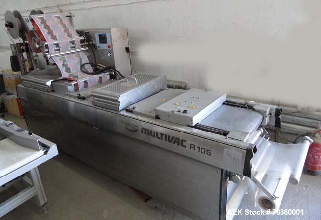 Used Multivac R105 Packaging Machine.  Nominal machine width 11.022, 12.59", 13.97" (285, 320, 355 mm).  Cut-off lengths:  7.87", 9.44", 10.69", 11.81" (200, 240, 270, 300 mm).  Max forming depth 3.7...
