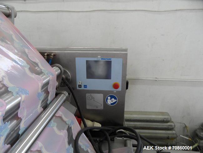 Used Multivac R105 Packaging Machine.  Nominal machine width 11.022, 12.59", 13.97" (285, 320, 355 mm).  Cut-off lengths:  7.87", 9.44", 10.69", 11.81" (200, 240, 270, 300 mm).  Max forming depth 3.7...