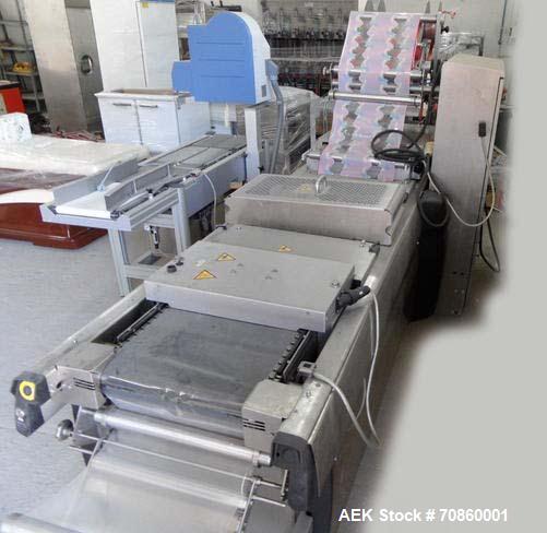 Used Multivac R105 Packaging Machine.  Nominal machine width 11.022, 12.59", 13.97" (285, 320, 355 mm).  Cut-off lengths:  7.87", 9.44", 10.69", 11.81" (200, 240, 270, 300 mm).  Max forming depth 3.7...