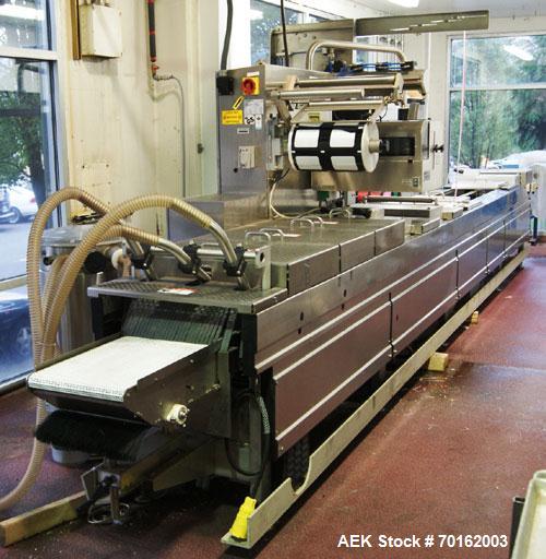 Used Multivac Model R240 Zipper Machine. Machine chassis frame length 21'. Die center distance 15' to 14.5', loading area 6.64'. Advance length 300 mm. Web width 420 mm. Standard forming depth 130 mm...