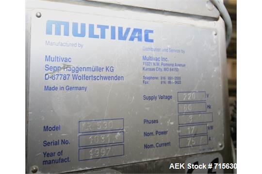 Used 1997 MultiVac R530 Horizontal Form, Fill and Seal Vacuum Packaging Machine, S/N 1031 with Busch 20 hp Vacuum Pump, Spare Lift, Controls - 220 V, 3 Phase, GE 45 KVA Transformer - Consists of (2) ...