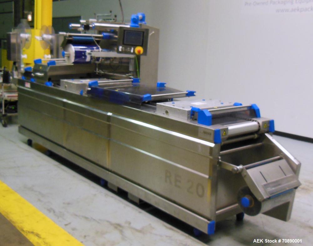 Used Repak (Reiser) Model RE20/4 FB420 Horizontal Form Fill Seal Thermoform Rollstock MAP Packager. 420mm web width, 380m useable Last used in Lunch Meat Food application, mainframe substantially con...