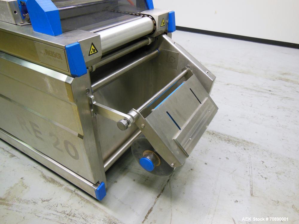 Used Repak (Reiser) Model RE20/4 FB420 Horizontal Form Fill Seal Thermoform Rollstock MAP Packager. 420mm web width, 380m useable Last used in Lunch Meat Food application, mainframe substantially con...