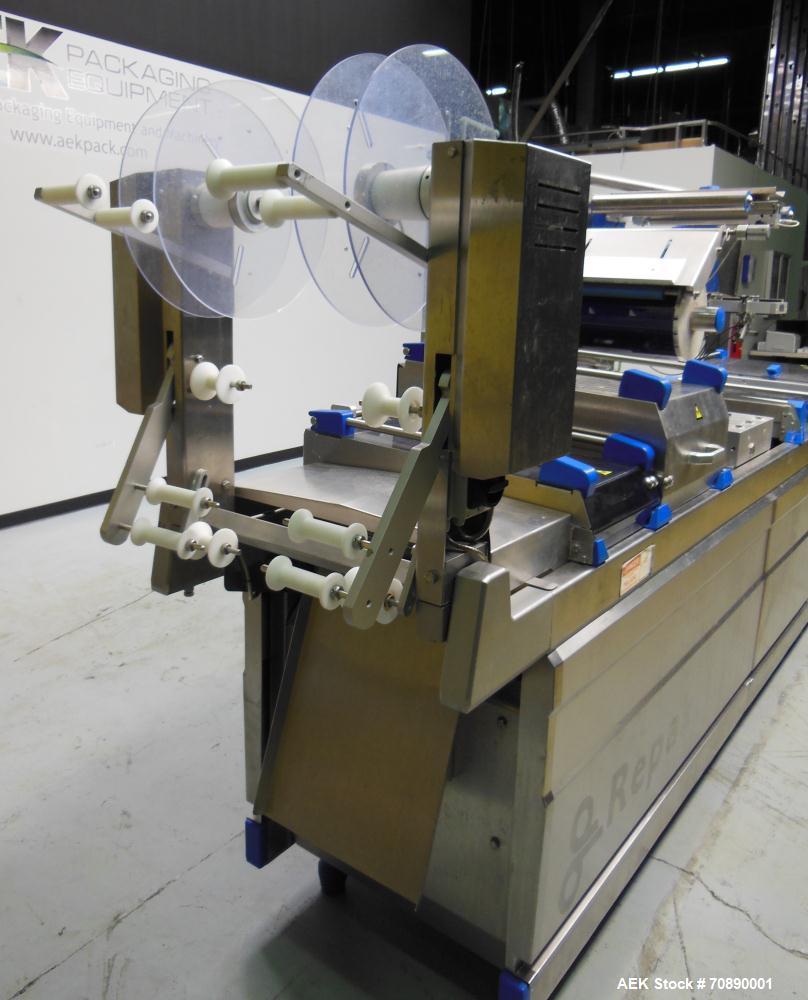 Used Repak (Reiser) Model RE20/4 FB420 Horizontal Form Fill Seal Thermoform Rollstock MAP Packager. 420mm web width, 380m useable Last used in Lunch Meat Food application, mainframe substantially con...