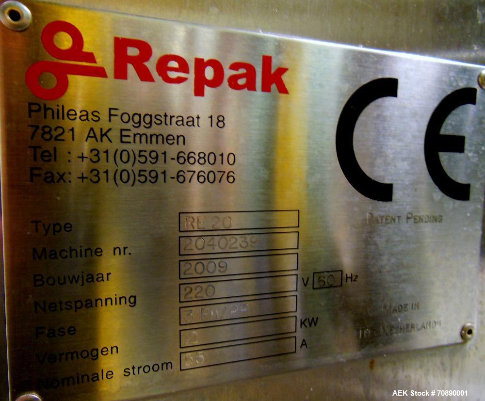 Used Repak (Reiser) Model RE20/4 FB420 Horizontal Form Fill Seal Thermoform Rollstock MAP Packager. 420mm web width, 380m useable Last used in Lunch Meat Food application, mainframe substantially con...