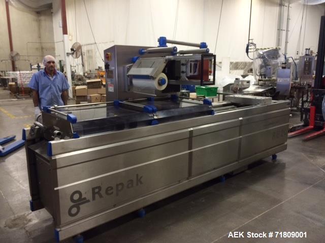 Used Repak (Reiser) Model RE20/4 Horizontal Form Fill Seal Thermoform Rollstock MAP Packager. Last used in gluten free sliced bread application. Mainframe substantially constructed of stainless steel...