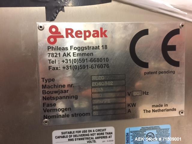 Used Repak (Reiser) Model RE20/4 Horizontal Form Fill Seal Thermoform Rollstock MAP Packager. Last used in gluten free sliced bread application. Mainframe substantially constructed of stainless steel...
