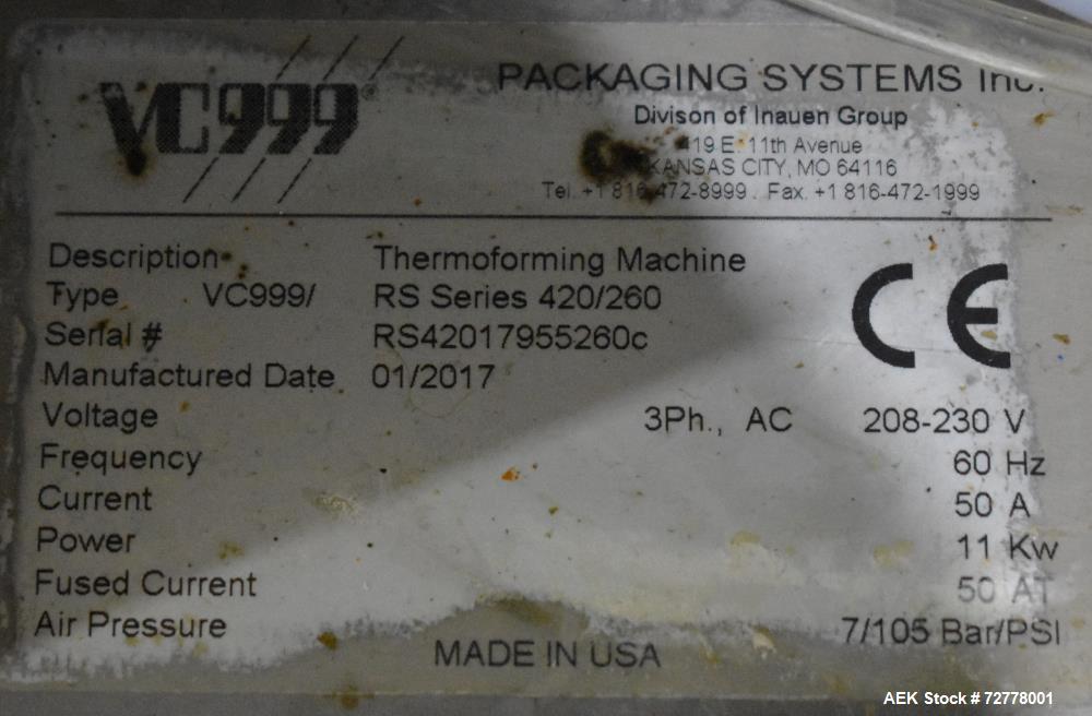 Used VC999 Model RS-420C Rollstock Compact Thermoformer. Stainless steel construction. Film width 423mm (17"). Maximum depth of draw: 50mm, 100mm, 135mm, 185mm (2"). Includes Vacuum pump, vacuum gas ...