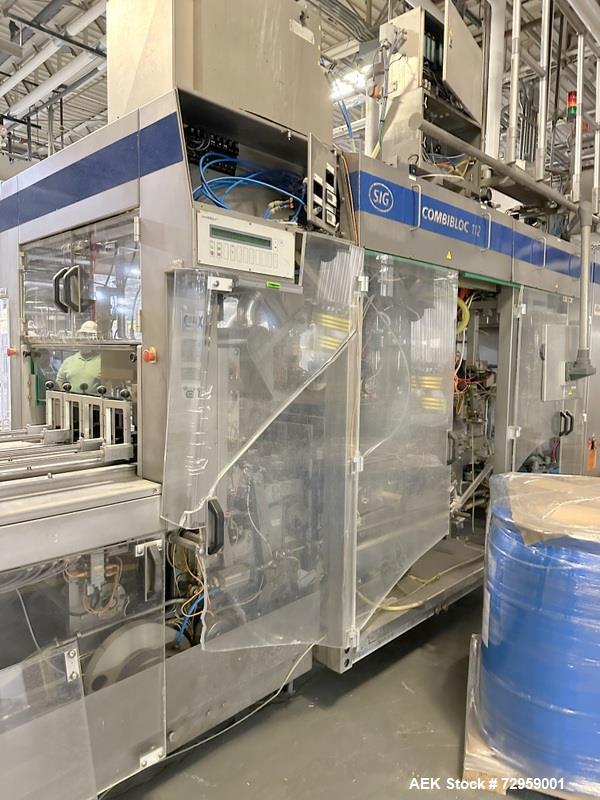 Used Combibloc (Sig) Model 112-32 Aseptic Brick Pack Cartoning Lines. The fillers are capable of running 125 ml, 150 ml, 200 ml or 250 ml cartons (with changeparts). Has Sig Beckhoff HMI with Siemens...